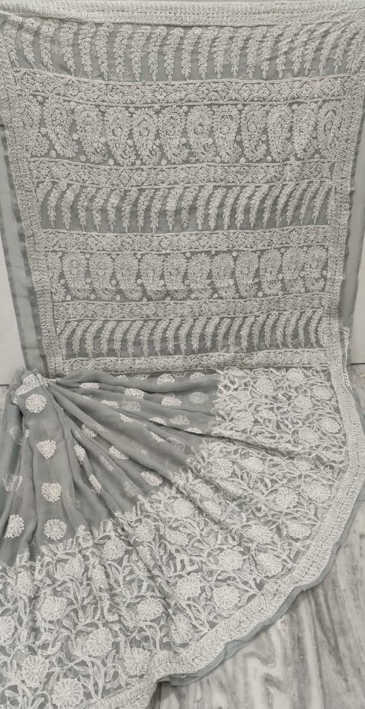 Pure Chiffon Georgette Chikankari Hand-work Saree With Running Blouse