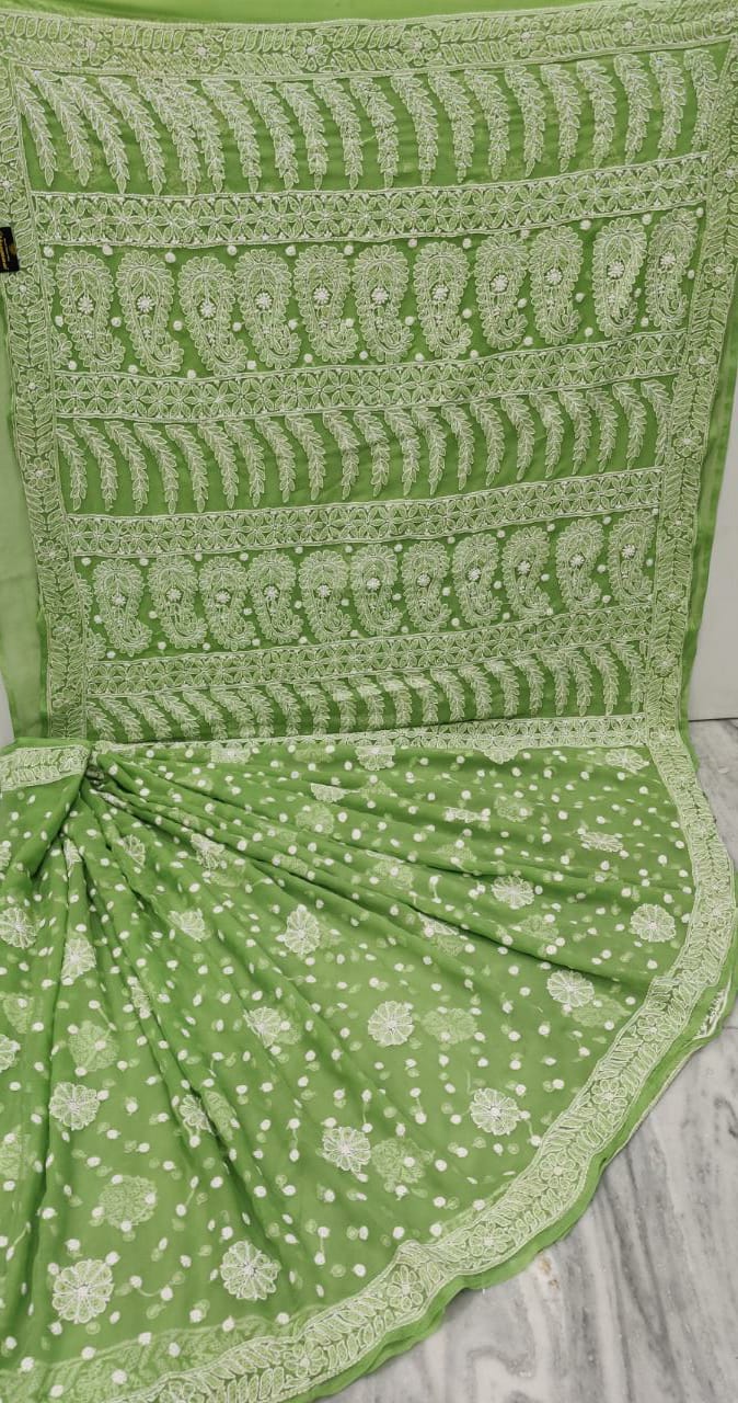 Pure Chiffon Georgette Chikankari Hand-work Saree With Running Blouse