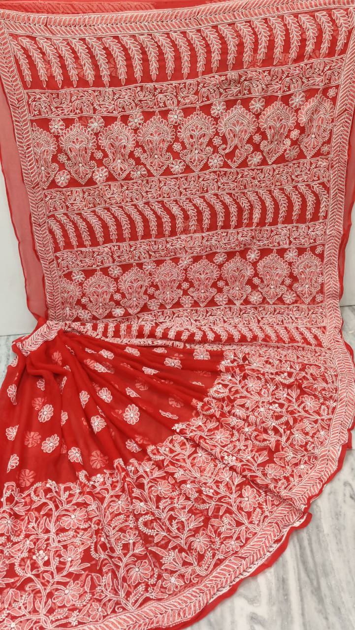 Pure Chiffon Georgette Chikankari Hand-work Saree With Running Blouse
