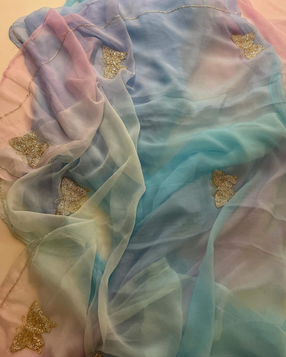 Beautiful Pure Jaipuri Chiffon 13 big Bird motif work Saree with blouse