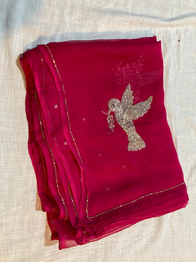 Beautiful Pure Jaipuri Chiffon 13 big Bird motif work Saree with blouse