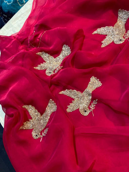 Beautiful Pure Jaipuri Chiffon 15 big Bird motif work Saree with running blouse