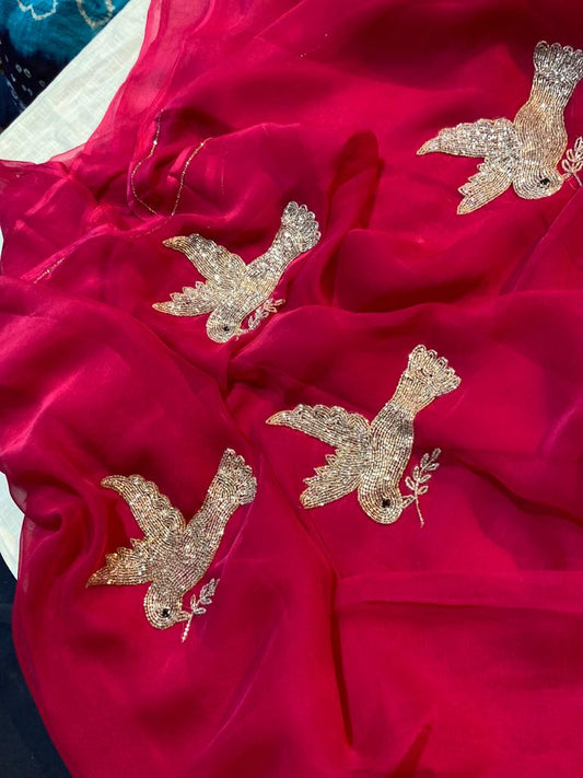 Beautiful Pure Jaipuri Chiffon 15 big Bird motif work Saree with blouse