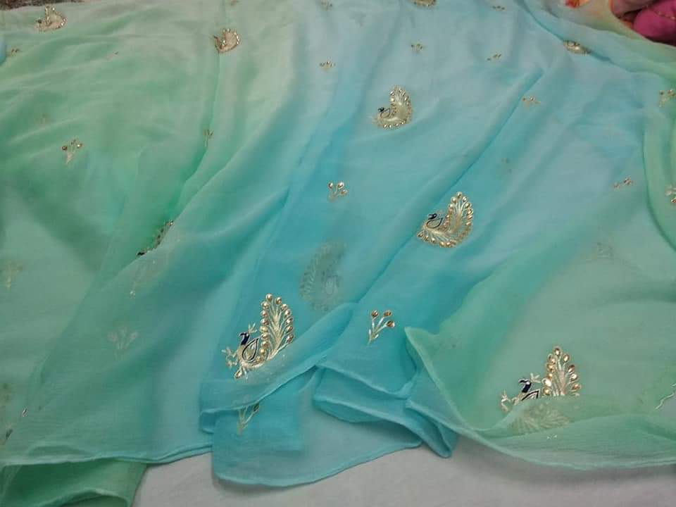 Beautiful Pure Jaipuri Chiffon 13 big Bird motif work Saree with blouse