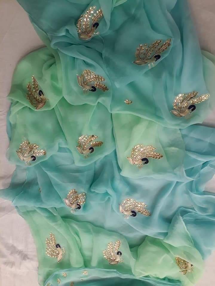 Beautiful Pure Jaipuri Chiffon 13 big Bird motif work Saree with blouse