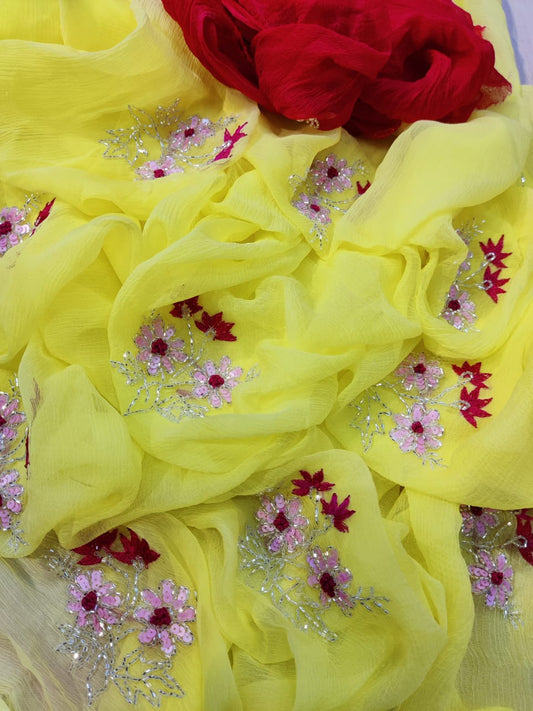 Yellow Color Flower motif design pure jaipuri Chiffon Saree