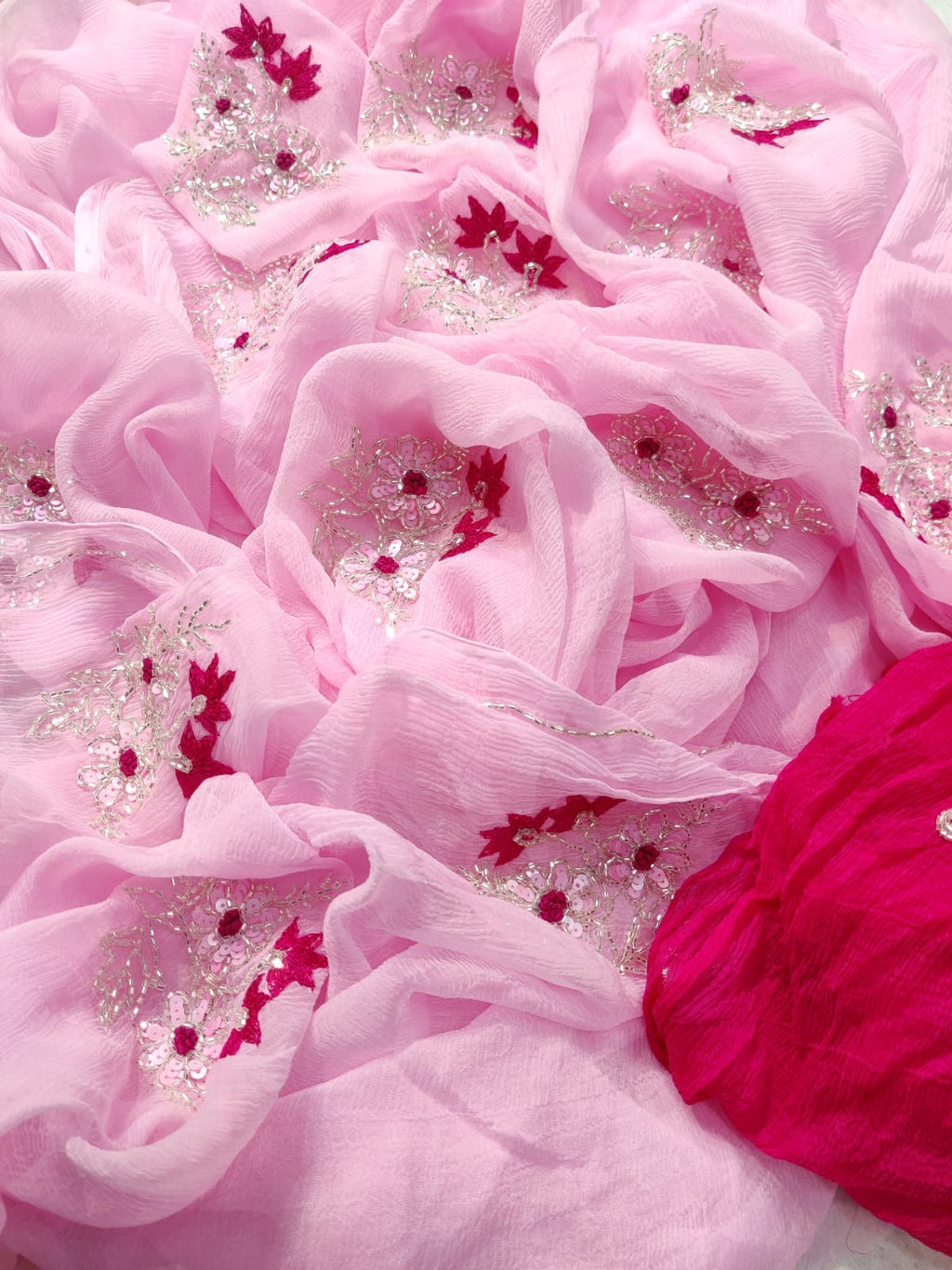 Baby Pink Color Flower motif design pure jaipuri Chiffon Saree