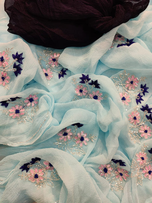 Ocean Color Flower motif design pure jaipuri Chiffon Saree