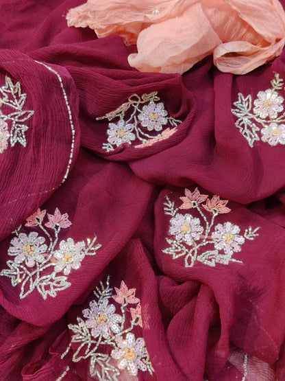 Maroon Color Flower motif design pure jaipuri Chiffon Saree