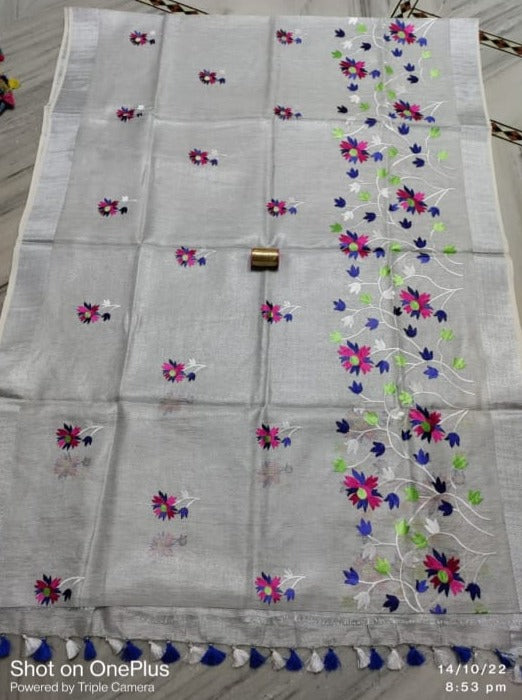 Pure Linen Silk Saree With Embroidery work