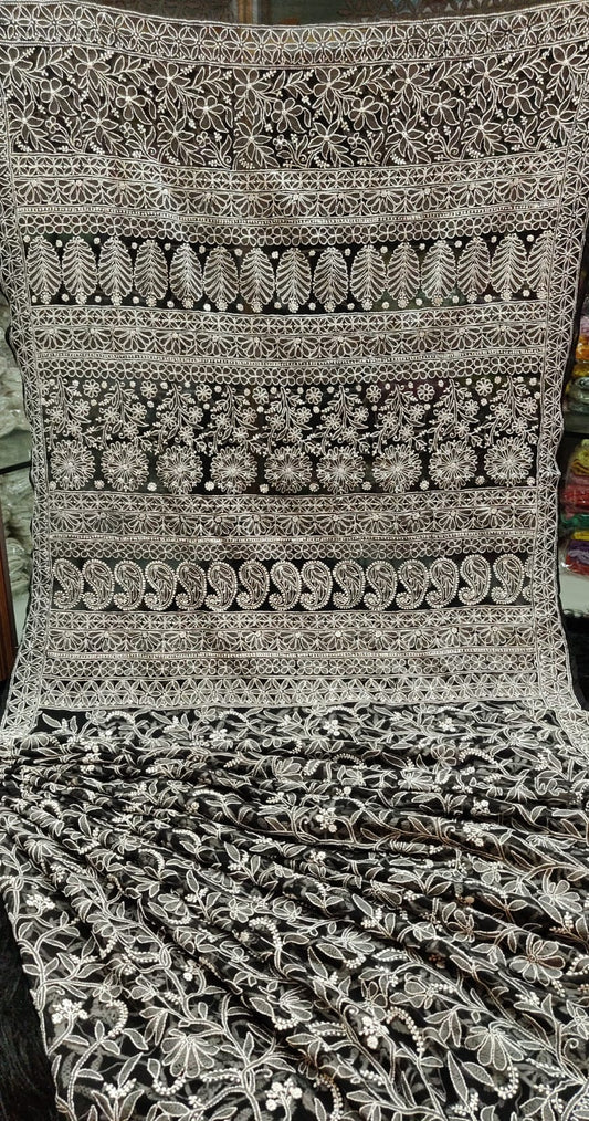 Pure Georgette Chikankari Hand-work Saree With Running Blouse