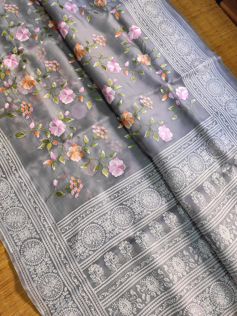 Pure Organza Silk Saree With Full Jaal Floral Hand-Work