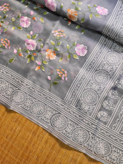 Pure Organza Silk Saree With Full Jaal Floral Hand-Work