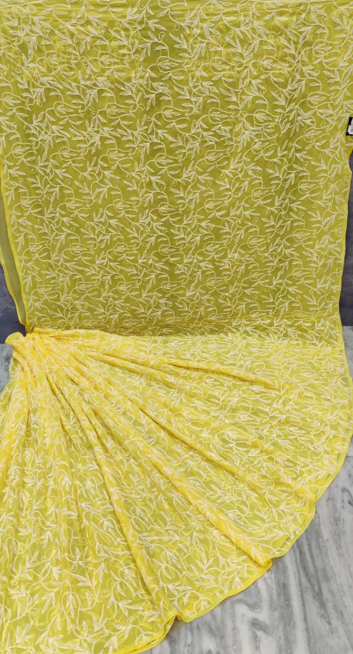Pure Chiffon Georgette tepchi Jaal work sarees with finest quality intricate chikankari hand embroidery tepchi work