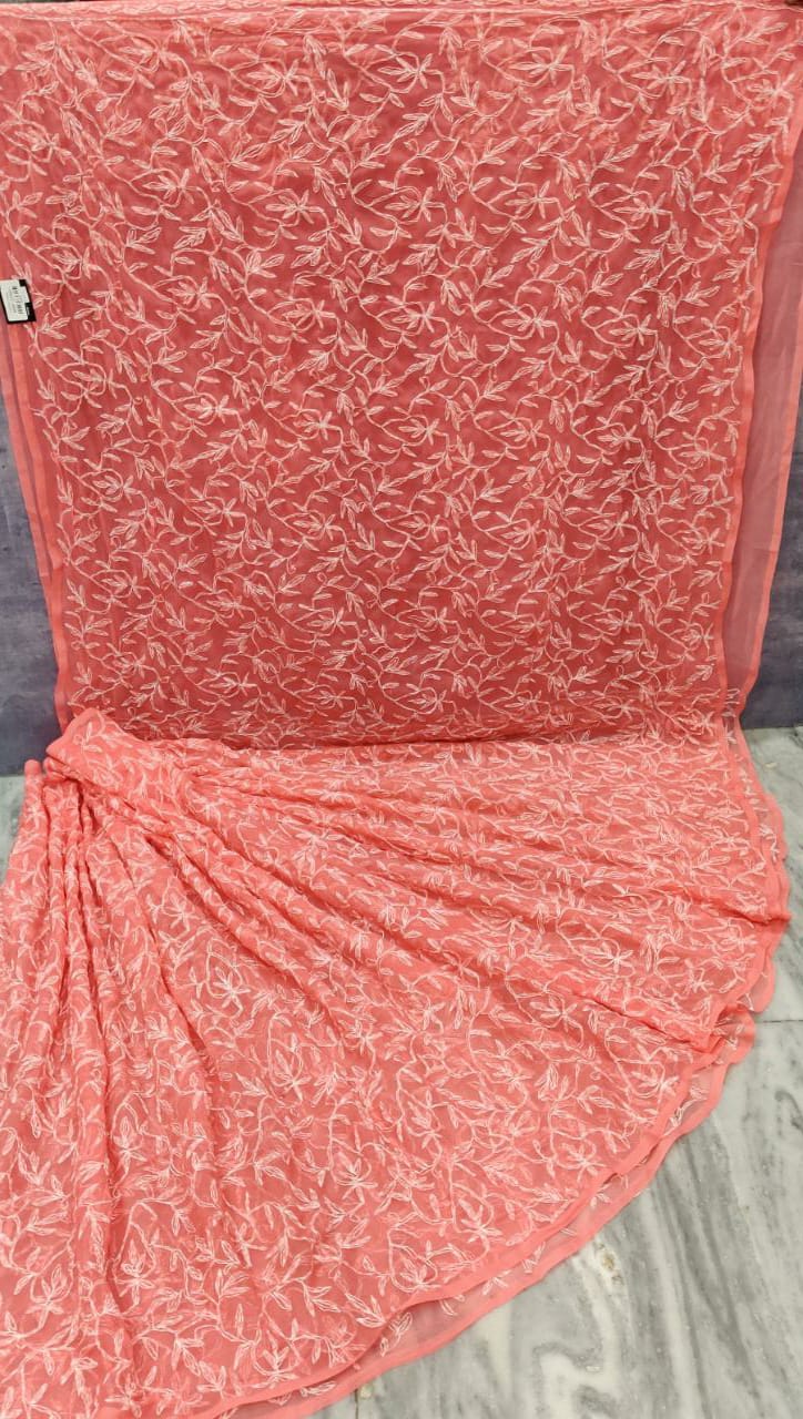 Pure Chiffon Georgette tepchi Jaal work sarees with finest quality intricate chikankari hand embroidery tepchi work