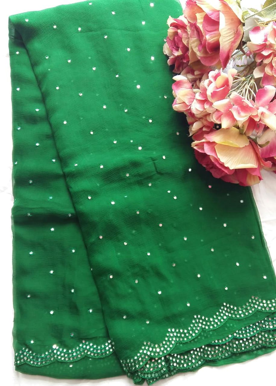 Beautiful Pure Jaipuri Chiffon Elegant mirror work saree with running blouse