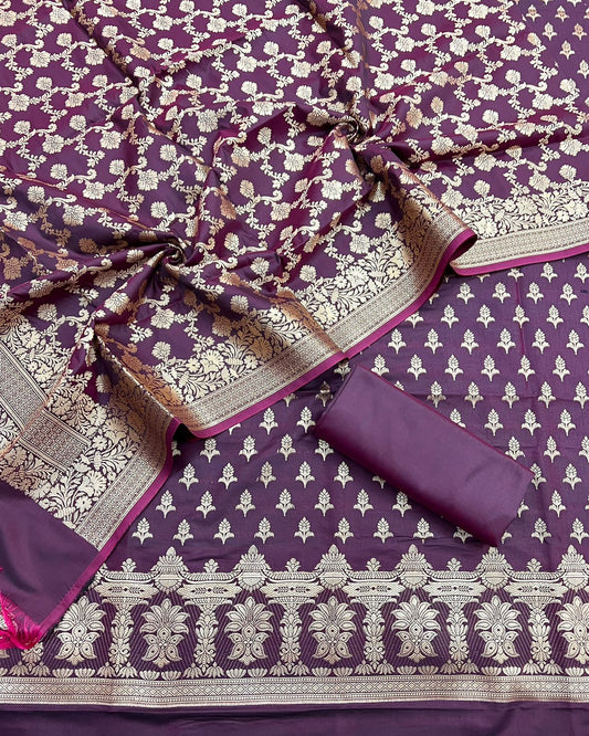 Pure Banarasi Silk Unstitched Suit With Jaal Dupatta