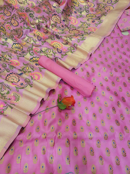 Banarasi Soft Silk Unstitched Suit with Zari Work