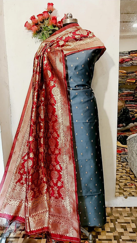 Banarasi Soft Silk Unstitched Suit with Zari Work