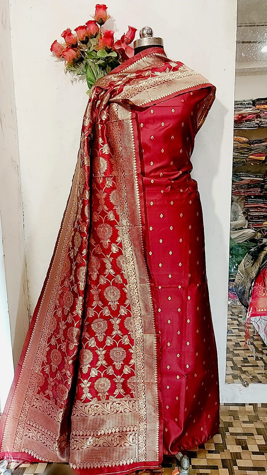 Banarasi Soft Silk Unstitched Suit with Zari Work