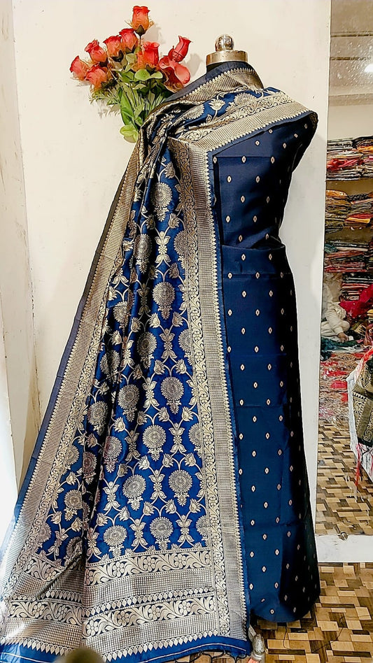 Banarasi Soft Silk Unstitched Suit with Zari Work
