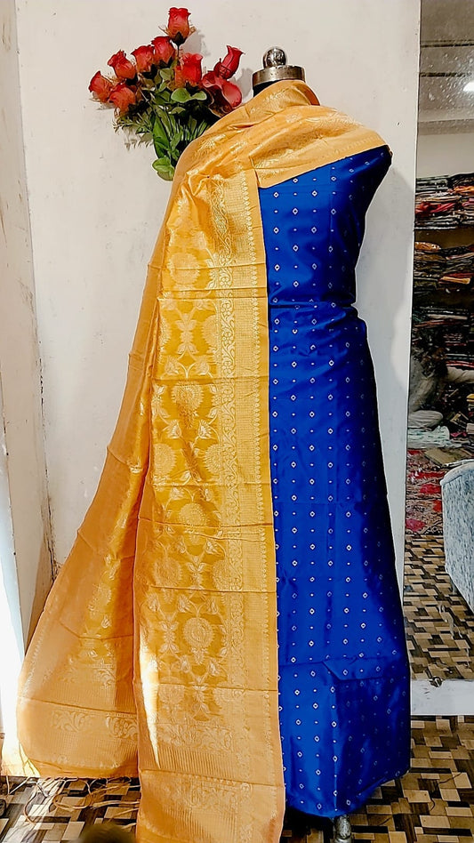 Banarasi Soft Silk Unstitched Suit with Zari Work