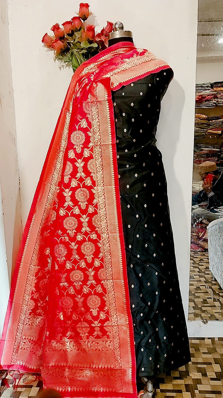 Banarasi Soft Silk Unstitched Suit with Zari Work