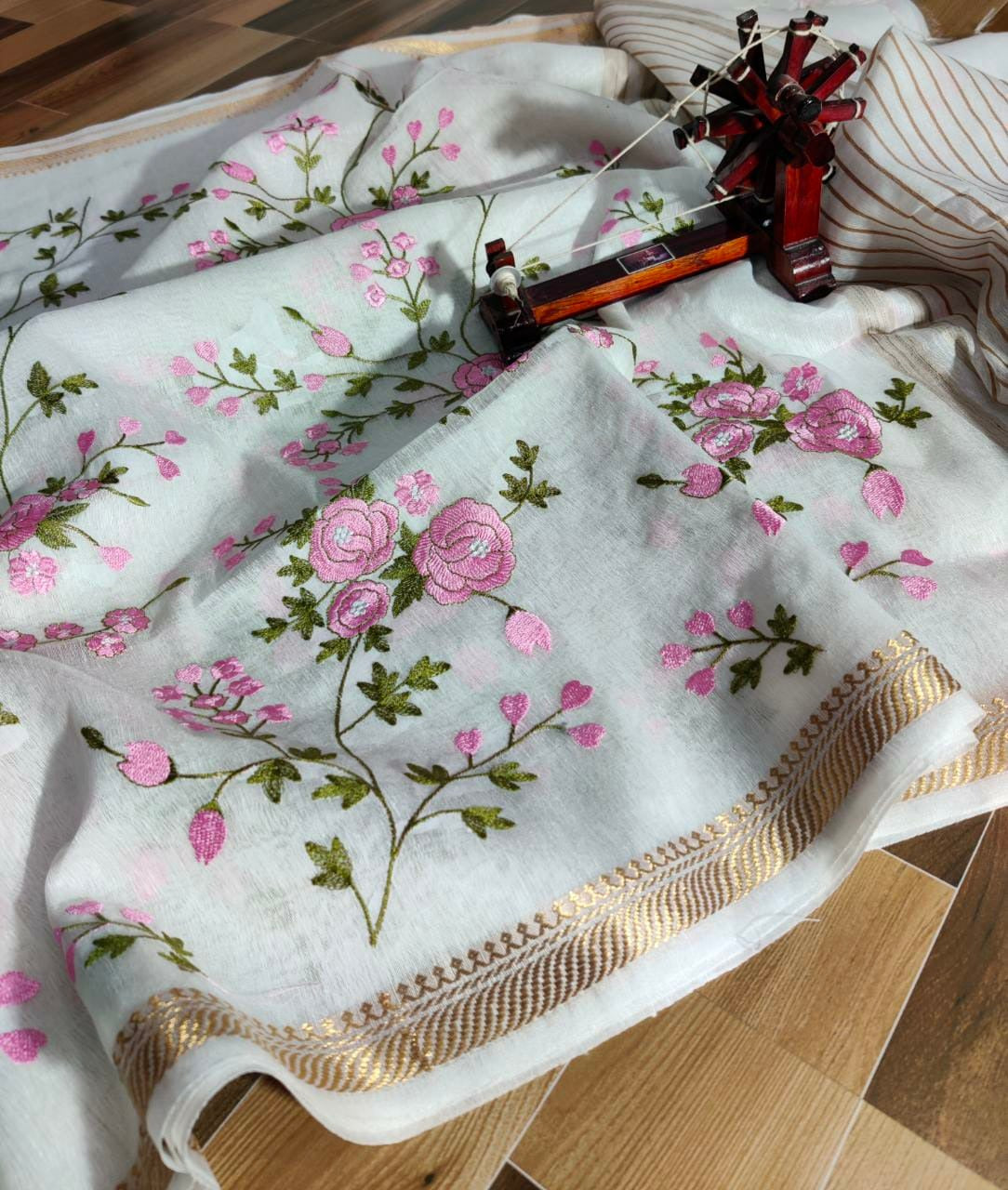 Off White Color Pure Kota Linen Silk Hand Embroidery Work Saree With Blouse.