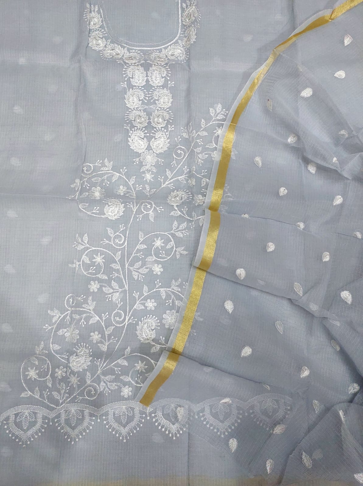 Pure Kota-Doria Unstitched Suit with Embroidery Work