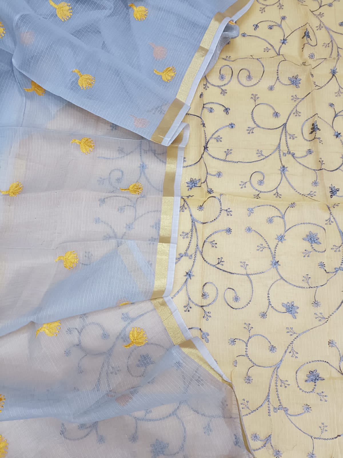 Pure Kota-Doria Unstitched Suit with Embroidery Work