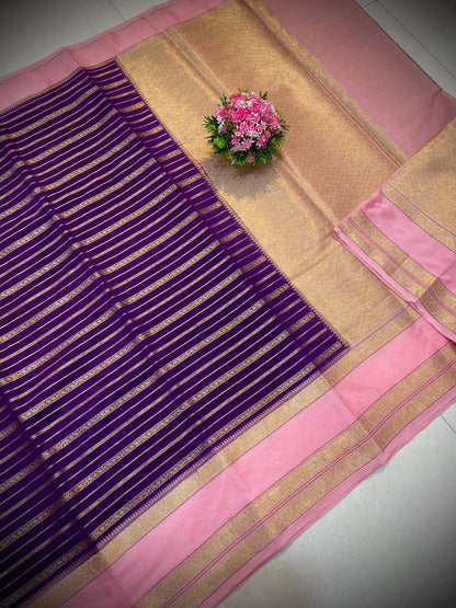 Banarasi Handloom Weaved  Semi Khaddi Katan Saree with Zari Work and brocade pallu