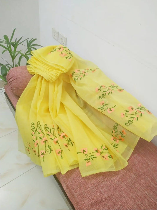 Yellow Color Kota cotton embroidery work Saree
