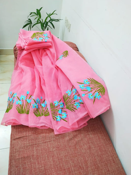 Pink Color Kota cotton embroidery work Saree
