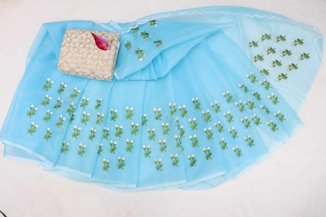 Turquoise Color Kota cotton embroidery work Saree