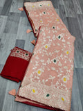 Beautiful moonga silk saree with rose weaving and contrast blouse