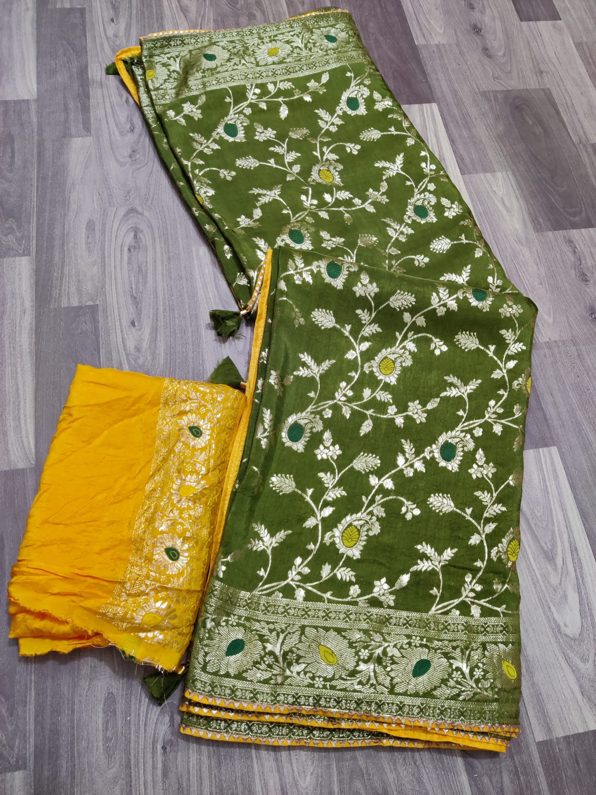 Beautiful moonga silk saree with rose weaving and contrast blouse
