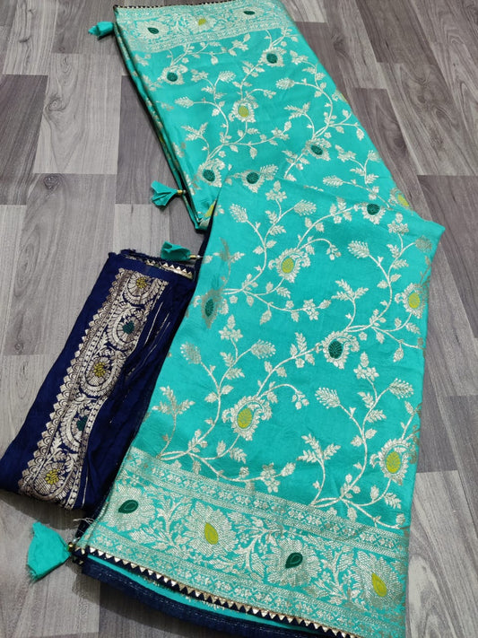 Beautiful moonga silk saree with rose weaving and contrast blouse