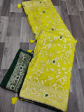 Beautiful moonga silk saree with rose weaving and contrast blouse