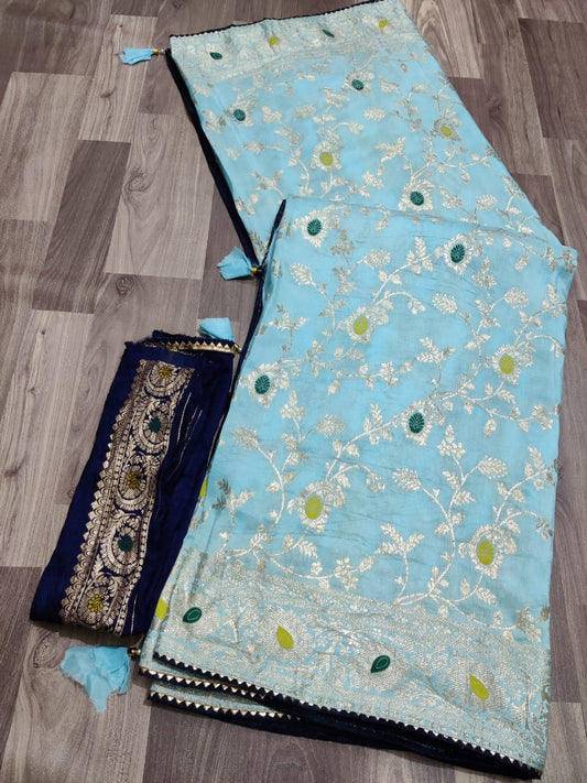 Beautiful moonga silk saree with rose weaving and contrast blouse