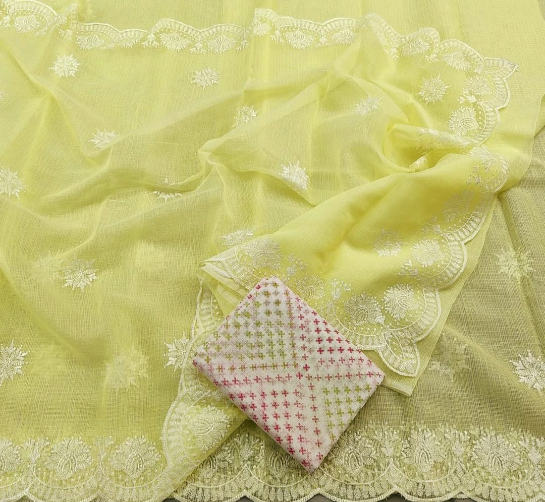 Kota Doria Embrodiery Work Saree With Blouse