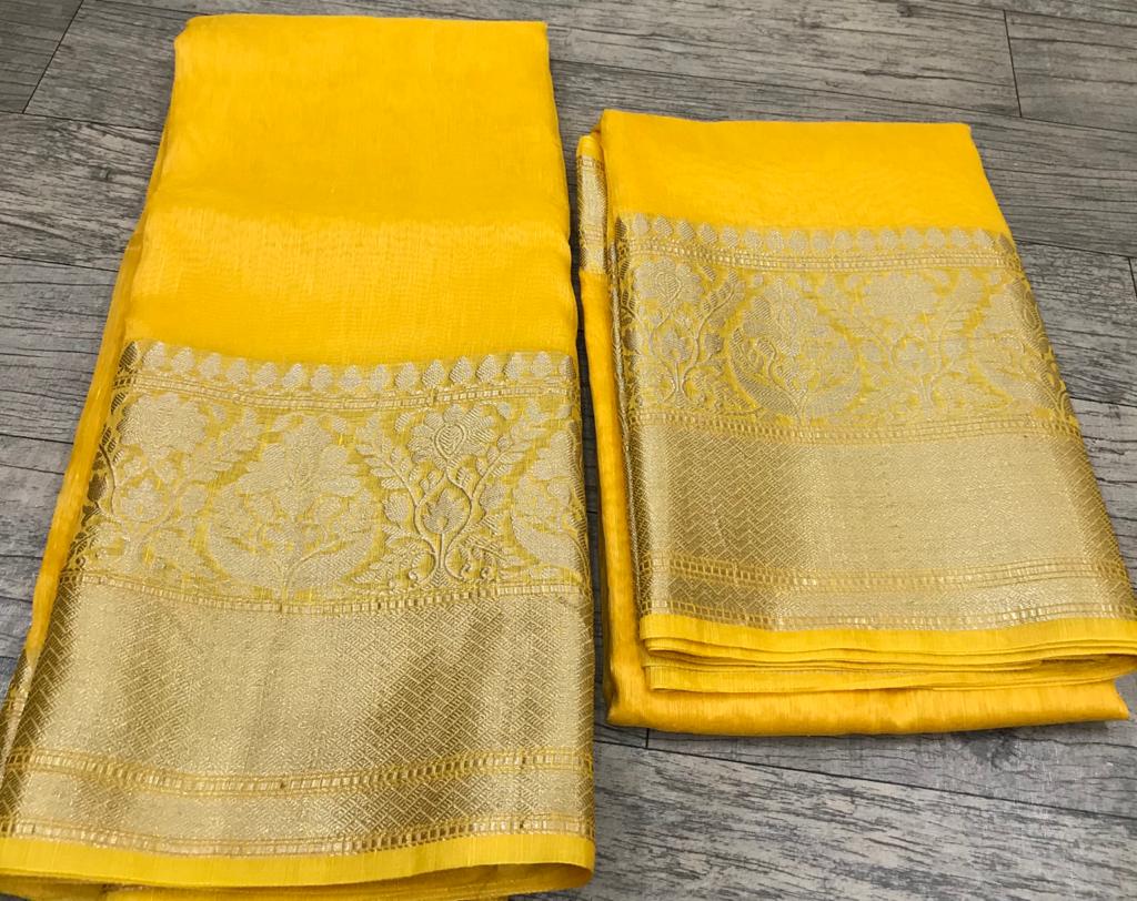 Pure Banarasi Linen Silk Border Saree With Blouse