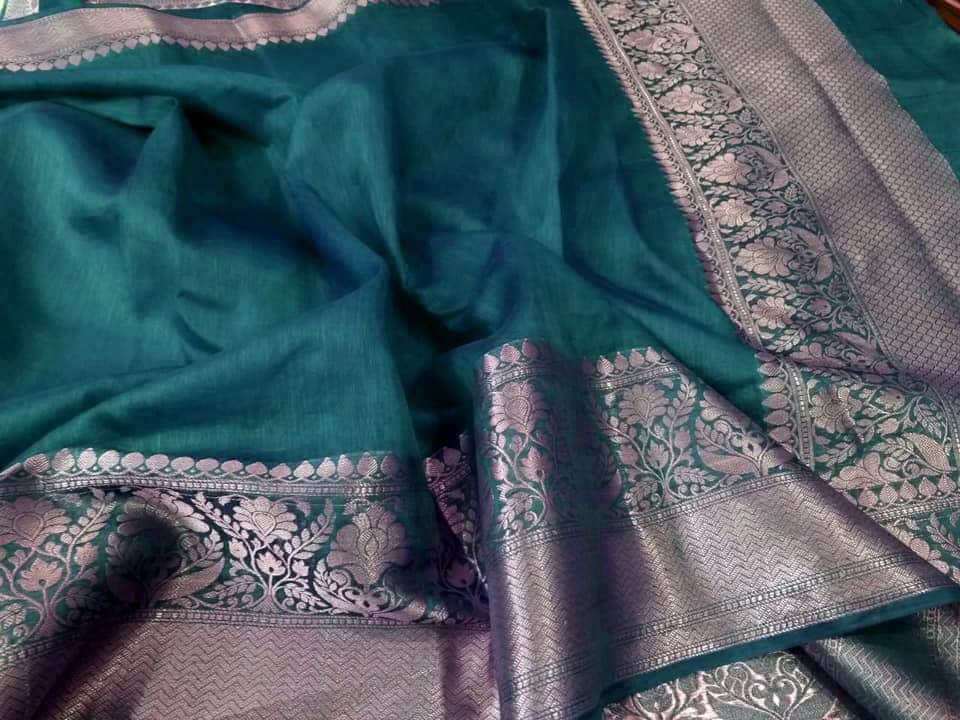 Pure Banarasi Linen Silk Border Saree With Blouse