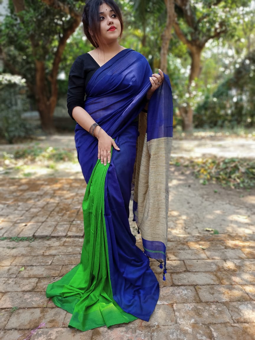 Blue&green color Khaddi Cotton Saree With Blouse