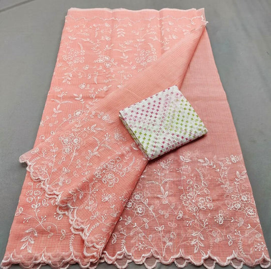 Kota Doria Embrodiery Work Saree With Blouse