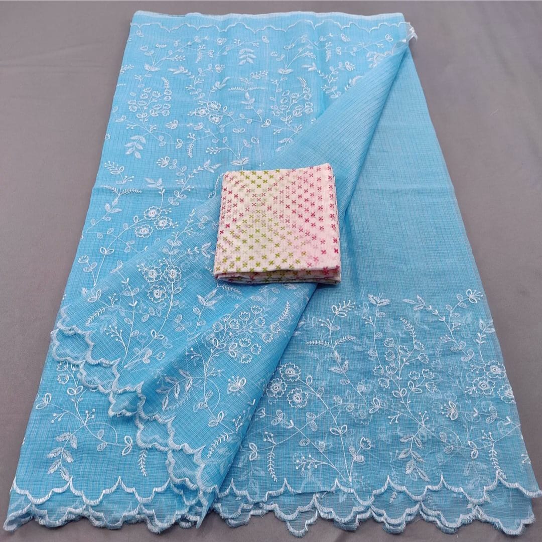 Kota Doria Embrodiery Work Saree With Blouse