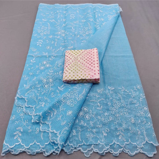 Kota Doria Embrodiery Work Saree With Blouse