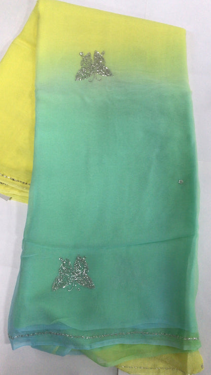 Beautiful Pure Jaipuri Chiffon 15 big Butter-fly motif work Saree with running blouse