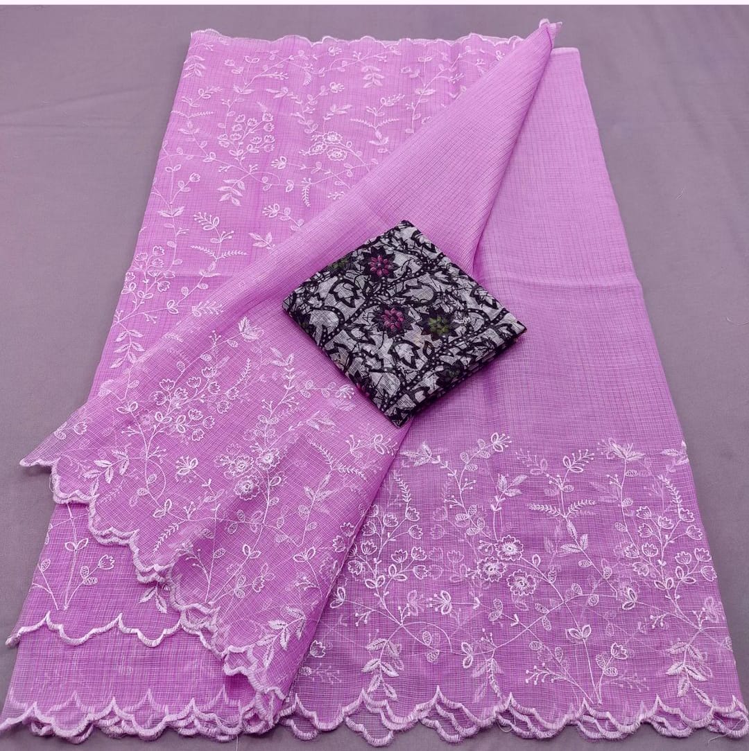 Kota Doria Embrodiery Work Saree With Blouse