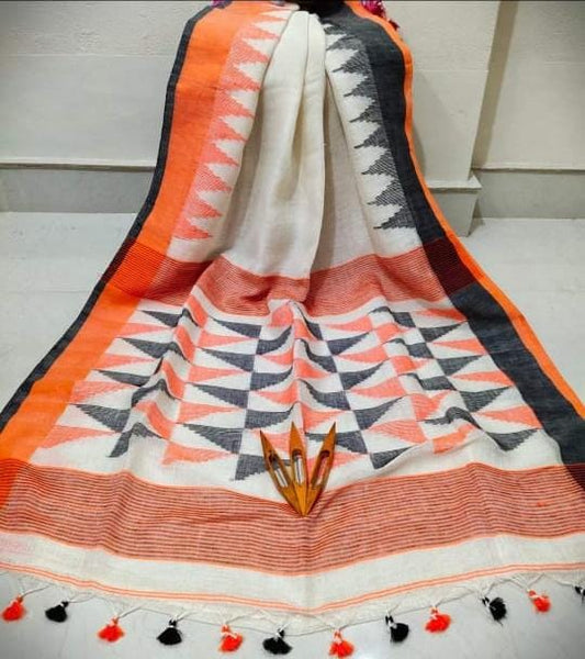 Pure Jamdani Cotton Linen Saree With Blouse piece