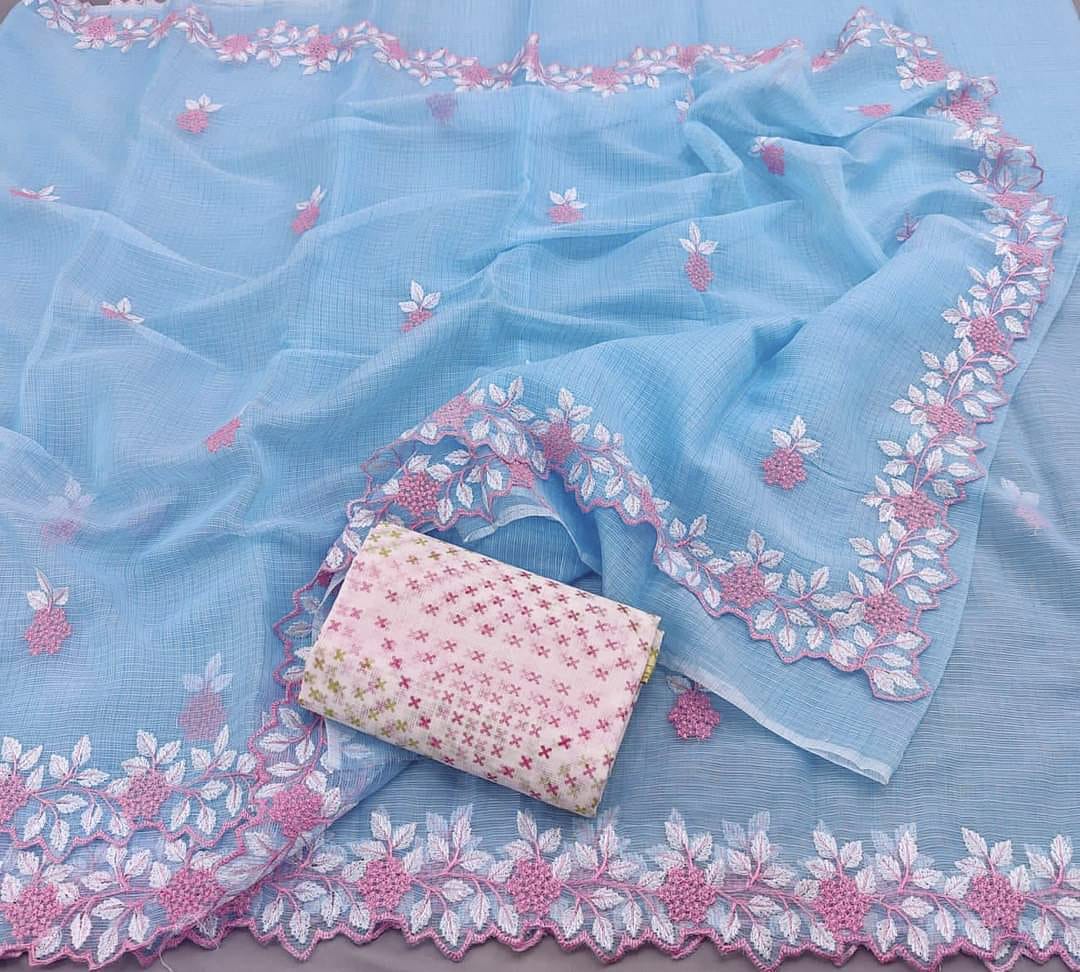Kota Doria Embrodiery Work Saree With Blouse